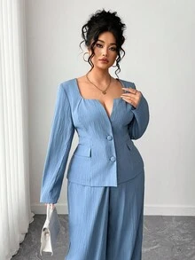 SHEIN Elenzya 大码女式纯色长袖单排扣夹克和阔腿裤休闲套装 - 藍色 - 查看 5