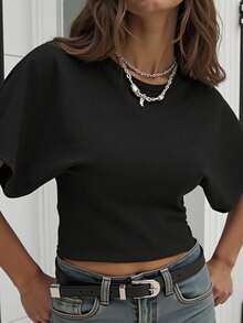 INAWLY 大码女式纯色圆领蝙蝠袖短袖休闲T恤 - 黑色 - 查看 1