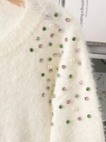 1pc Girls' Sweater,Off-White,Autumn,Elegant,Birthday Rhinestone Decor On Shoulder,Round Neck,Faux Cashmere Soft & Comfortable Versatile Pullover - White - View 5