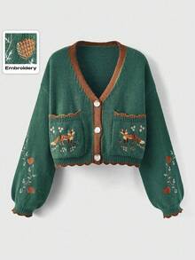 ROMWE Fairycore Áo khoác cardigan thêu họa tiết cáo và cây dẻ phong cách đồng quê kiểu Cottagecore cổ điển dành cho nữ - Nhiều màu - Xem 4