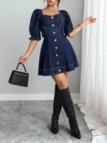Selianne Women's Elegant Denim Dress For Party & Outing - Blue - View 3