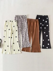 4 件套年轻女孩喇叭裤，波尔卡圆点，豹纹，千鸟格，纯黑色复古时尚百搭紧身裤，适合春、夏、秋、冬
