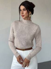 Firerie Maglione smanicato casual elegante da donna, a collo alto, maniche lunghe, in maglia larga e morbida, multicolore (tonalità di grigio e albicocca), versatile per ufficio e tempo libero, abbigliamento autunnale e invernale, adatto per insegnanti e ogni occasione.