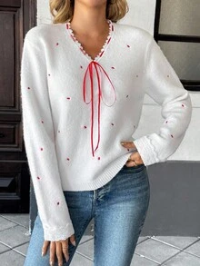 SHEIN PETITE Pulover cu broderie de inimă și dantelă contrastantă