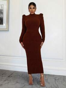 Xyvia Women's Autumn/Winter Long Textured Elegant Bodycon Dress With Puff Sleeves - Mocha Brown - View 5
