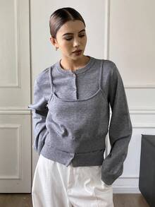 Livesso Women's Autumn Long Sleeve Cardigan And Camisole Sweater 2 Pieces Set - Grey - View 5