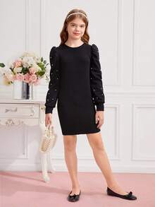 SHEIN Tween Girl Pearls Beaded Puff Sleeve Form Fitted Dress - Black - View 3