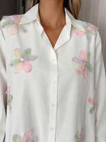EURMUSE 高码 3D 花朵图案优雅上衣 - 白色 - 查看 7