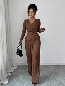 Elenzga Bộ 2 món áo quấn và quần màu trơn thường ngày dành cho nữ - Cà phê nâu - Xem 7