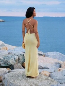 Yess Loren Women's Solid Color Simple Stylish Sweater Jumpsuit Dress, Suitable For Summer - Yellow - View 2