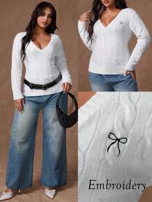 Rustia Plus Size Cute Casual Textured V-Neck Long Sleeve Sweater Fall Winter Cloth For Women Autumn - White - View 1