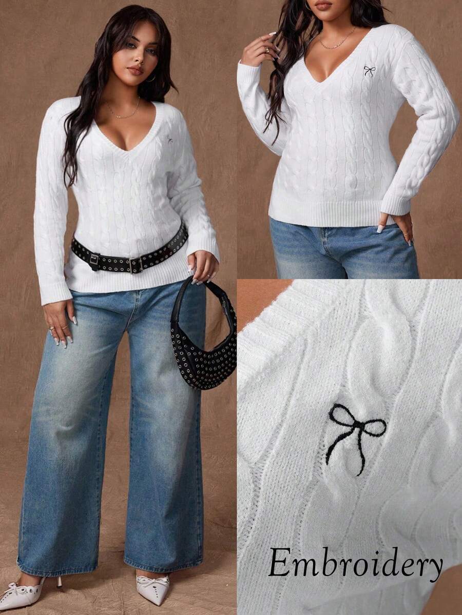 Rustia Plus Size Cute Casual Textured V-Neck Long Sleeve Sweater Fall Winter Cloth For Women Autumn - White - View 1