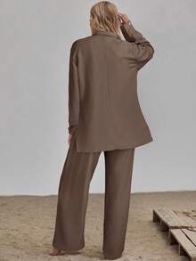 Conjunto camisa larga bajo con abertura con pantalones de pierna ancha - Marrón - Ver 8