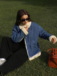 DAZY Women's Patchwork Retro Faux Fur Collar Loose Casual Street Thick Jacket, Regular Fit, Autumn/Winter Thermal Lined Women Coats