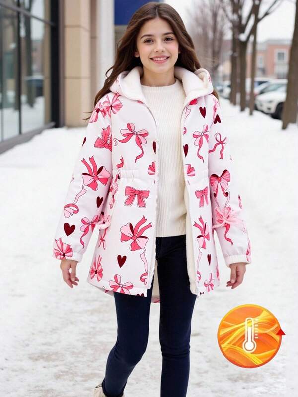 SHEIN Tween Girl Jacket,White Butterfly Printed Composite Fabric Cute School Style,Autumn Winter Everyday Wear Fall Hooded White Outerwear With Fake Pockets