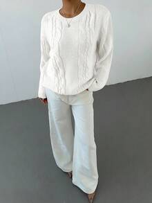 SHEIN Teen Girl White Crew Neck Loose Fit Cable Knit Sweater, Collegiate Style Casual Pullover Cropped White Sweater Fall Winter - White - View 3