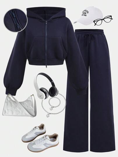 SHEIN Girlism TEENGIRL Gray Hooded Two Pieces Set, Zip-Up Hoodie And Relaxed Fit Pants, Collegiate Style Outfit, Back To School, Street Wear Set Outfit For Women Girld Outfit Set Blue Outfit Full Outfit Set Blue Outfit For Teens Blue Outfit Set Fall Winter