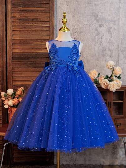 SHEIN Glamorique Kids Lindo vestido de princesa para niña con flores, bordados y lentejuelas, ideal para fiestas de cumpleaños, bodas y eventos festivos