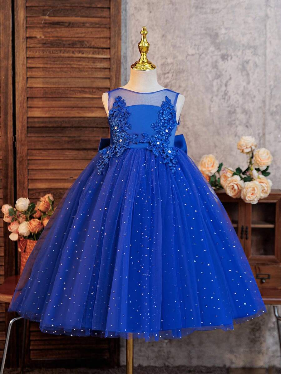 SHEIN Glamorique Kids 可愛女孩婚禮花童生日派對婚禮花童薄紗亮片刺繡花卉公主裙冬季海軍藍優雅婚禮 - 藍色 - 查看 1