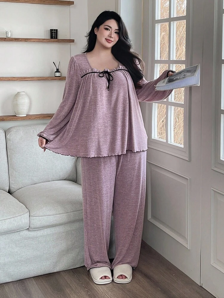 Dazy Plus 2pcs Plus Size Women Elegant Loose Fit Thickened Fleece Pajama Set, Autumn/Winter, Fall Winter Clothes, Cozy