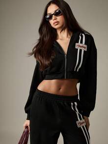 Missguided x Playboy Oversized Cropped Zip Up Hoodie With White Stripe Detail And Logo Patches For Casual Streetwear Style