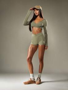 Missguided x Playboy Long Sleeve Wrap Front Crop Top With Bunny Logo V Neck Athletic Style