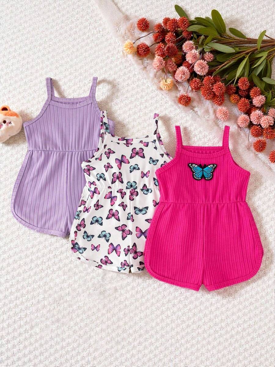 SHEIN Playful Pals 3 件套女婴蝴蝶印花纯色罗纹无袖连体衣，带蝴蝶装饰，夏季休闲装 - 彩色 - 查看 1