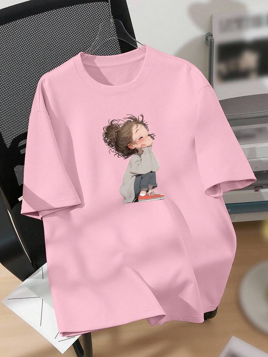 EMERY ROSE Casual Fitted Women's Plus Size T-Shirts With Images Of Little Girls In Padded Coats - Baby Pink - View 1