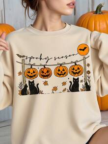女士万圣节南瓜、可爱鬼魂、不给糖就捣蛋、怪异小动物、恐怖季节、秋季休闲简约圆领宽松基本款套头衫 - 卡其色 - 查看 3
