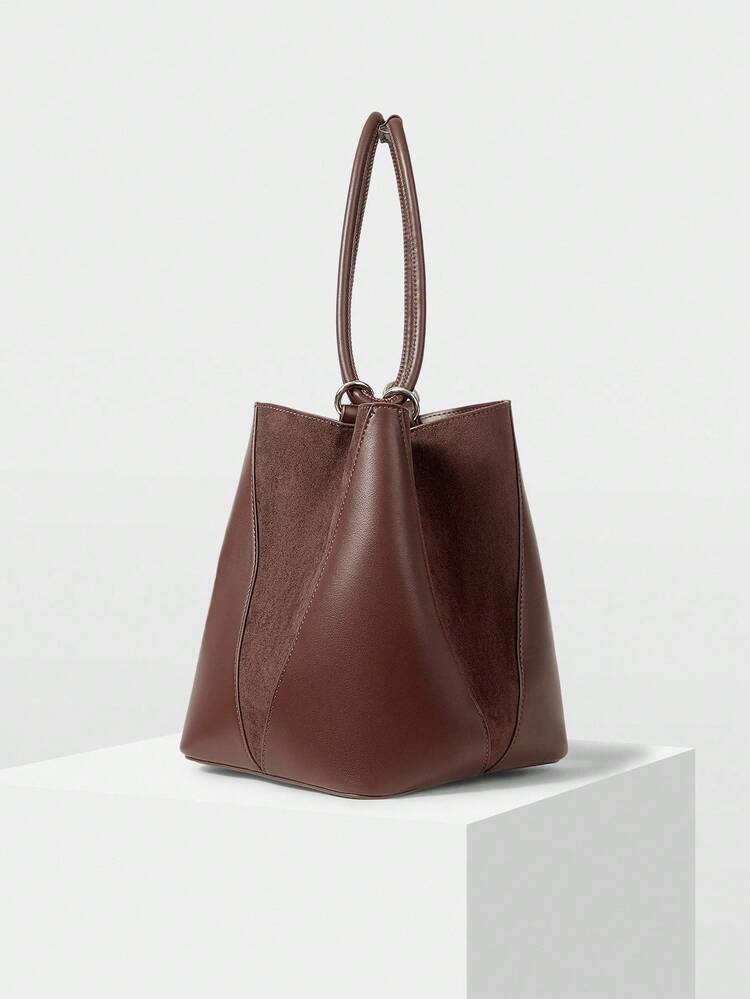 WOMEN'S SOFT SUEDE PATCHWORK BUCKET BAG ESPRESSO BROWN