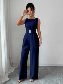 Selianne French Romantic One-Shoulder Sleeveless High Waist Belt Smooth Fabric Metal Buckle Decoration Wide Leg Straight Women Jumpsuit Women Summer Clothing Women Office Clothing Outing Clothing - Navy Blue - View 8