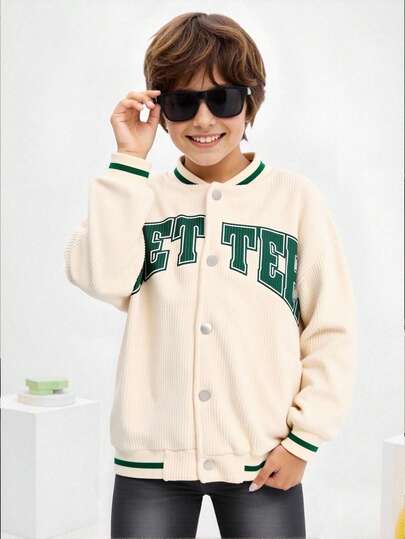 SHEIN Tween Boy Loose Fit Corduroy Sporty Jacket, With Letter Graphic And Drop Shoulder Striped Trim, Long Sleeve Baseball Jacket For Casual Outdoor Wear, Great Gift For Friends Or Son,In Fall/Winter
