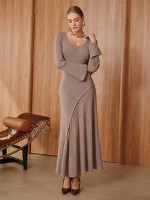 SHEIN Unity Solid Color Round Neck Fitted Long Dress  Business Casual Women  Winter Dresses  Going Out Outfits Elegant Long Graduation Dress - Coffee - View 1