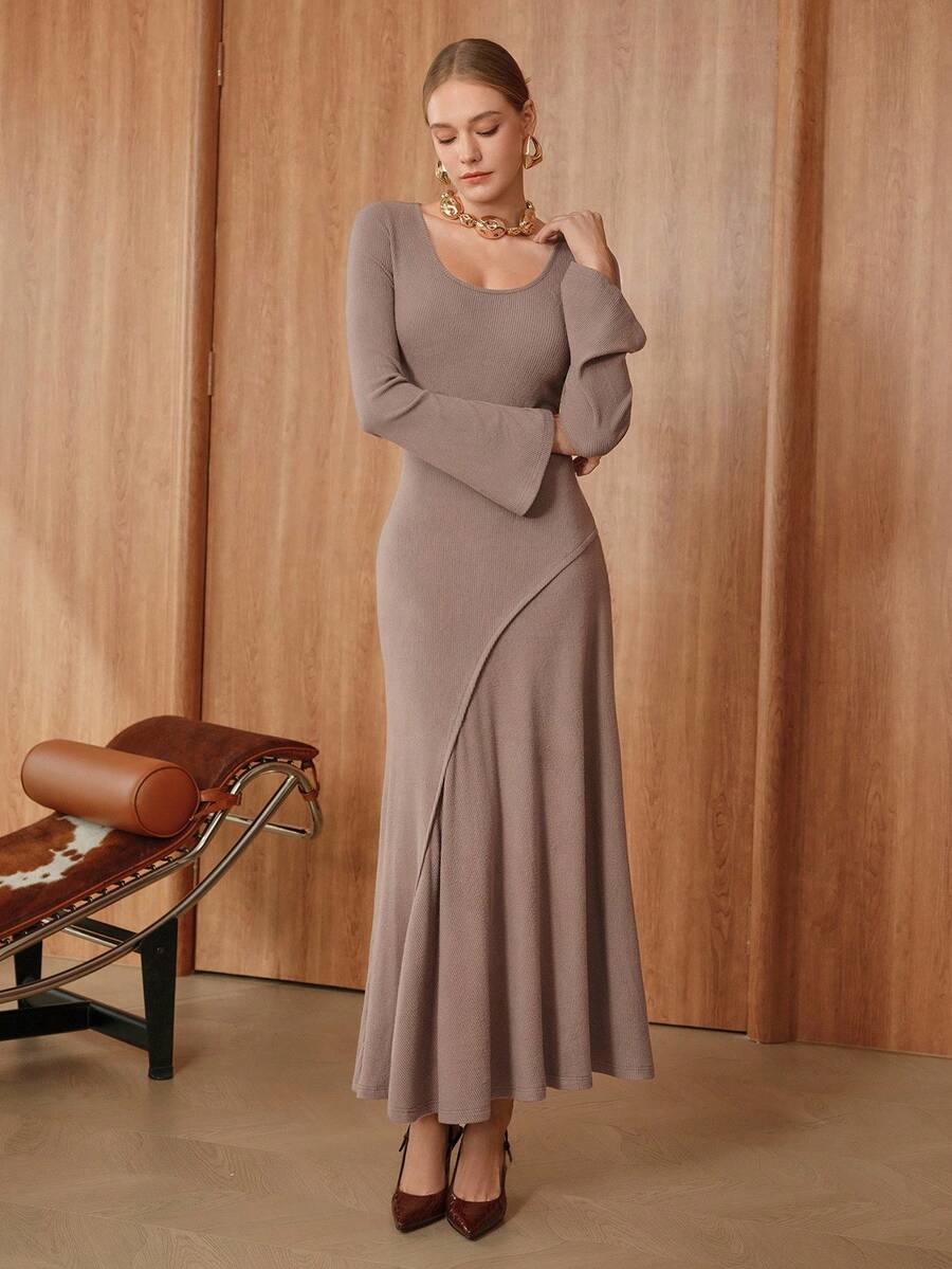 SHEIN Unity Solid Color Round Neck Fitted Long Dress  Business Casual Women  Winter Dresses  Going Out Outfits Elegant Long Graduation Dress - Coffee - View 1
