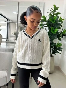 SHEIN 青少年女孩简约纯色V领长袖毛衣，休闲日常穿着，秋冬长袖上衣，学院风V领长袖毛衣，刺绣毛衣 - 黑與白 - 查看 4