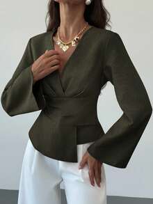 Aloruh New Stylish Commuter Waist Ruched Asymmetric Hem Long Flare Sleeve V-Neck Pullover Blouse - Army Green - View 6