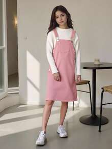 SHEIN Tween Girl 1pc Patched Pocket Overall Dress - Pink - View 3