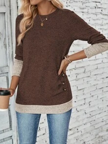 EMERY ROSE 女士休闲撞色拼布二合一 T 恤，秋季图案 T 恤女上衣 - 咖啡棕 - 查看 6