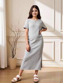 Vestido largo y cómodo para niñas adolescentes con diseño de costillas verticales y abertura lateral para el verano - Gris - Ver 4