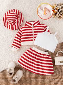SHEIN 4 Stücke Baby Mädchen Herbst/Winter modische, elegante rote/apricotfarbene gestreifte Jacke mit Langarm, passender Rock, weißes Trägerhemd, Hut, geeignet für Schule, Reisen, Fotografie im Herbst - Rot - Übersicht 5