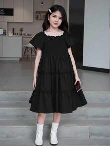 SHEIN Tween Girl Solid Color Drop Waist Short Sleeve Dress - Black - View 4