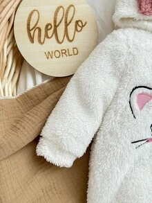 SHEIN 新生女婴可爱蓬松连帽家居服，秋冬 - 白色 - 查看 4