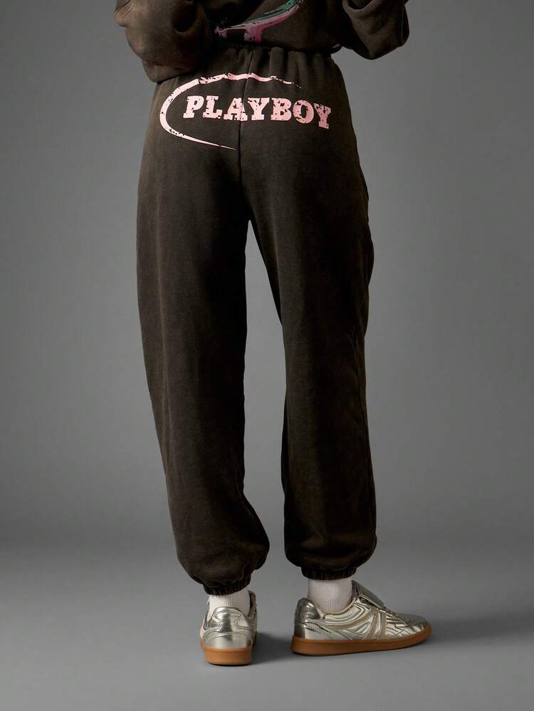 Missguided x Playboy Oversized Lounge Joggers With Retro Graphics And Logo Print Cozy Fleece Winter Casual Streetwear Baggy Pants With Elastic Cuffs