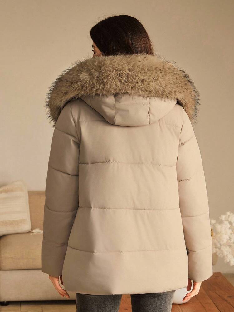 Abrigo corto acolchado con capucha, cuello desmontable de piel sintética y bolsillos para mujer, adecuado para otoño, invierno, Año Nuevo, elegante, chic, con estilo, Navidad, salir