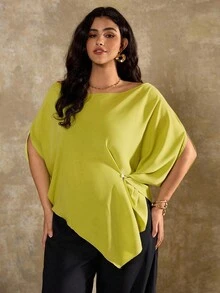 Roveilla 大码女式法式休闲不对称领口短袖衬衫 - 綠色 - 查看 6