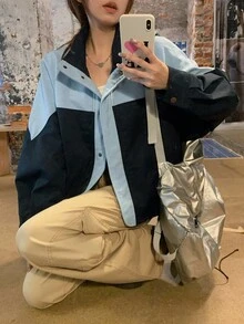 DAZY 女款立領拼色寬鬆短版休閒街頭夾克 秋冬外套 校園風 - 藏蓝色 - 查看 6