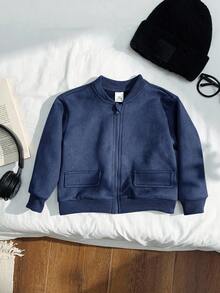 SHEIN Chaqueta de béisbol casual para bebé niño/niña, de tela suave tipo, con bolsillos decorativos, corte relajado, versátil y a juego con todo, estilo callejero cómodo y sencillo, adecuado para salidas, otoño - Azul Marino - Ver 5