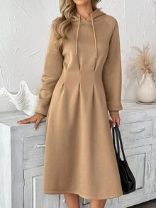 SHEIN LUNE Women's Casual Cinched Waist Hoodie Dress,Long Sleeve Camel Beige Hooded For Autumn Winter Occasion,Chic Country Style Fall Party Brunch Clothes - Brown - View 4