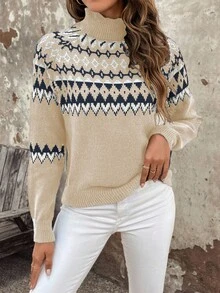 EMERY ROSE Women's Casual Loose Knit Sweater With Stand Collar And Raglan Sleeves (Random Argyle Pattern), Autumn/Winter - Apricot - View 5