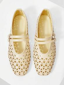 Mnmlis Pre Laser Cutout Square Toe Mary Jane Strap Flat Shoes For Women - Yellow - View 3